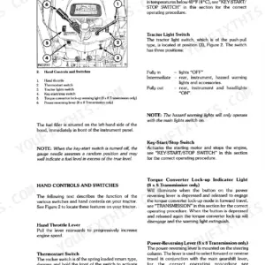 Ford 250C, 260C diagram of hand controls, switches, throttle, light switch, and power-reversing lever operating instructions.