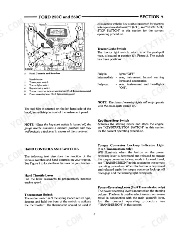 ford-250c-260c-tractor-operator-manual-42025020-controls-21.webp Ford 250C, 260C diagram of hand controls, switches, throttle, light switch, and power-reversing lever operating instructions.
