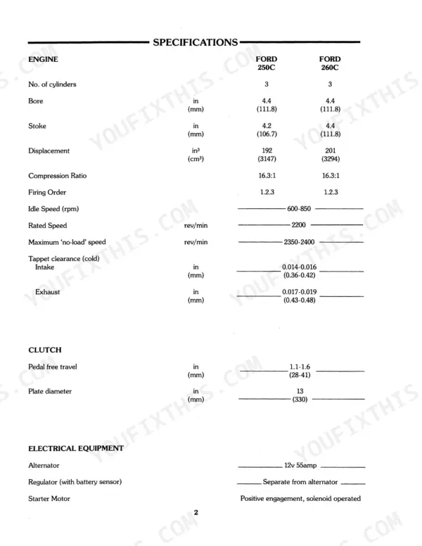 Ford 250C, 260C engine, clutch, and electrical system specifications table including bore, stroke, displacement, and tappet clearance.
