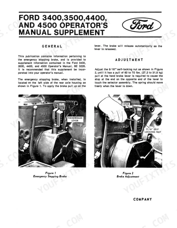Ford 3400, 3500, 3550, 4400, 4500 emergency stopping brake adjustment procedure, handbrake lever and self-locking nut diagrams.