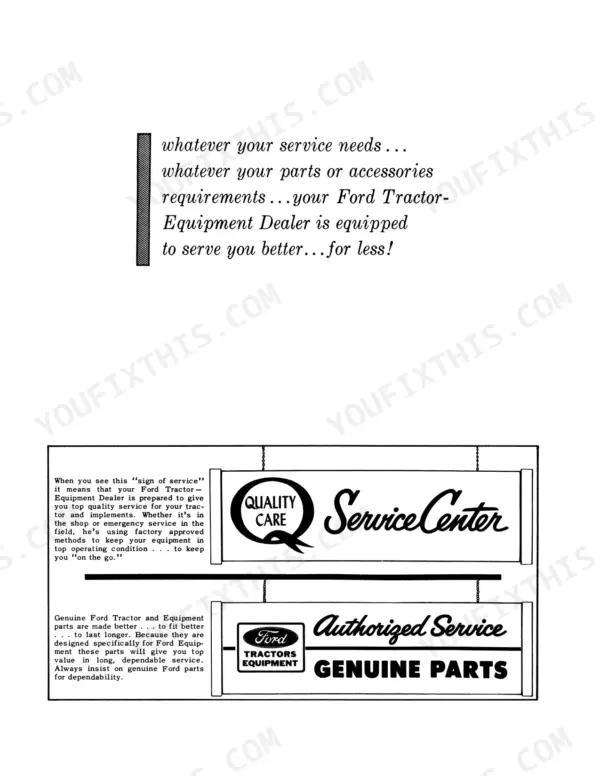 ford-3400-variants-industrial-tractors-operator-manual-42340040-page-4.webp Ford 3400, 3500, 3550, 4400, 4500 manual page showing Quality Care Service Center and Authorized Service signage.