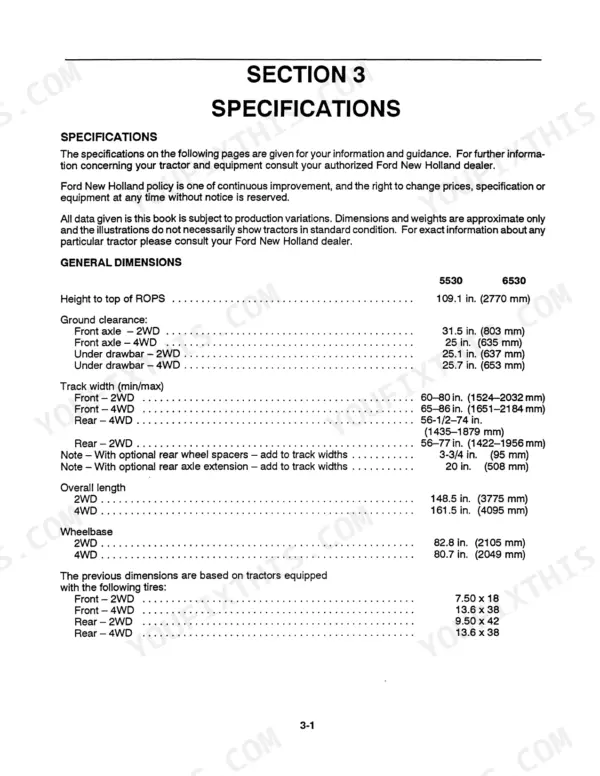 Ford 5530, 6530 tractor specifications table showing general dimensions, ROPS height, ground clearance, track width, and wheelbase.