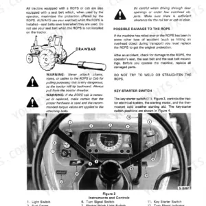 Ford 5610, 6610, 7610 ROPS safety warnings and tractor instrument panel controls diagram with numbered key list.