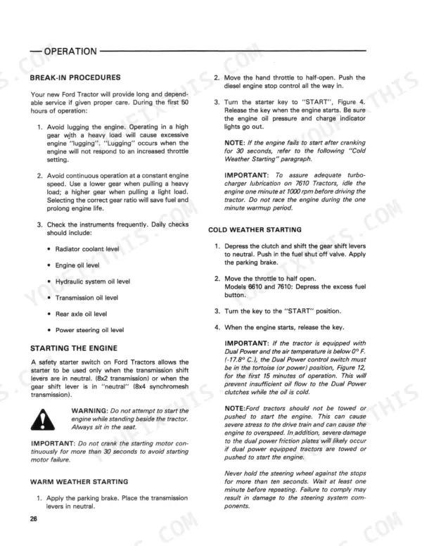 Ford 5610, 6610, 7610 operator manual page covering break-in procedures, engine starting, and cold weather starting instructions.