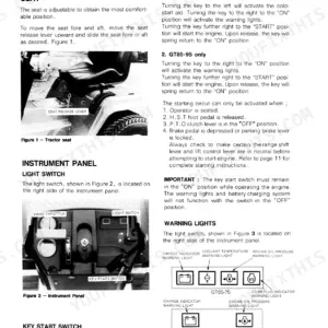 Ford GT65, GT75, GT85, GT95 controls and instruments manual page showing seat, key start switch, and warning light diagrams.