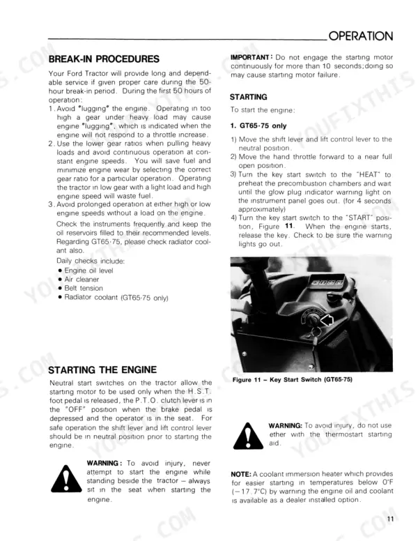 Ford GT65, GT75, GT85, GT95 tractor break-in procedures, engine starting instructions, and key start switch diagram.