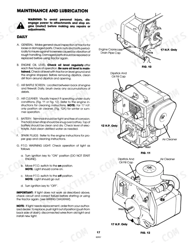 Ford LGT 12H, LGT 17H, 09GN2205, 09GN2206 maintenance procedures, engine oil, air cleaner, and PTO light diagrams.