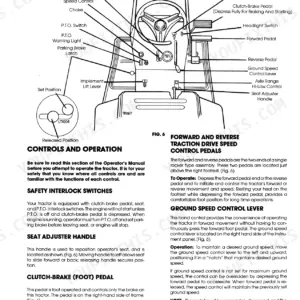 Ford LGT 12H, LGT 17H, 09GN2205, 09GN2206 operator controls diagram, parking brake, pedals, and ground speed control lever operation.
