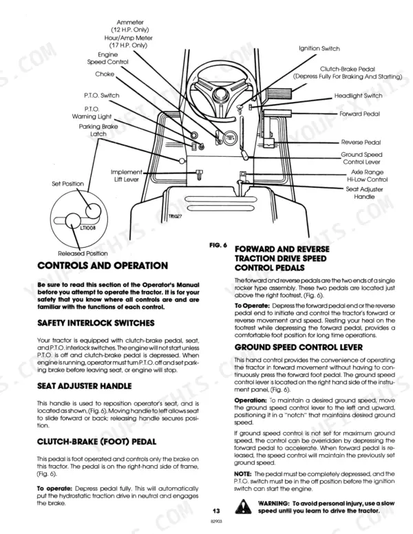 ford-lgt-12h-lgt-17h-garden-tractor-operator-manual-238242-operations-13.webp Ford LGT 12H, LGT 17H, 09GN2205, 09GN2206 operator controls diagram, parking brake, pedals, and ground speed control lever operation.