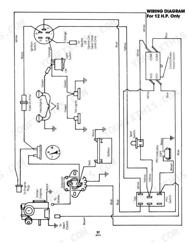 Ford LGT 12H, LGT 17H, 09GN2205, 09GN2206 wiring diagram for 12 HP models showing ignition, battery, lights, and PTO switch.
