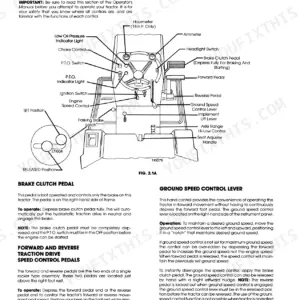 Ford LGT 14H, LGT 18H, 9607434, 9607435 diagram of tractor controls, pedals, and operation instructions for brake, ground speed, and traction.