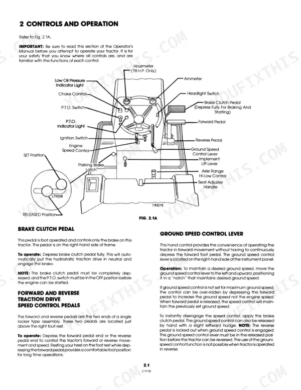 ford-lgt-14h-lgt-18h-garden-tractor-operator-manual-42641420-operations-6.webp Ford LGT 14H, LGT 18H, 9607434, 9607435 diagram of tractor controls, pedals, and operation instructions for brake, ground speed, and traction.