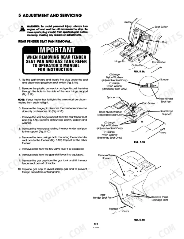 Ford LGT 14H, LGT 18H, 9607434, 9607435 rear fender seat pan removal procedure, seat switch, hinge pin, and hardware diagrams.