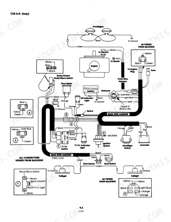 Ford LGT 14H, LGT 18H, 9607434, 9607435 wiring diagram showing 18HP electrical system, main harness, switches, and connectors.