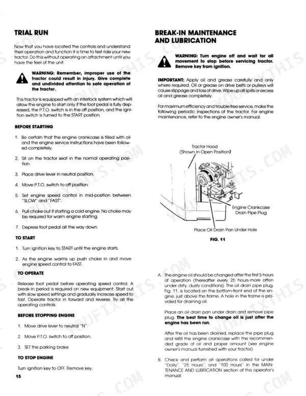 Ford LGT 17H, 09GN2204: Trial run, starting, operating, and engine oil drain procedures with Fig. 11 oil drain diagram.