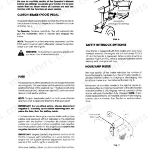 Ford LGT 17H, 09GN2204 controls and operation manual covering clutch-brake pedal, safety interlock switches, fuse, and amp meter.