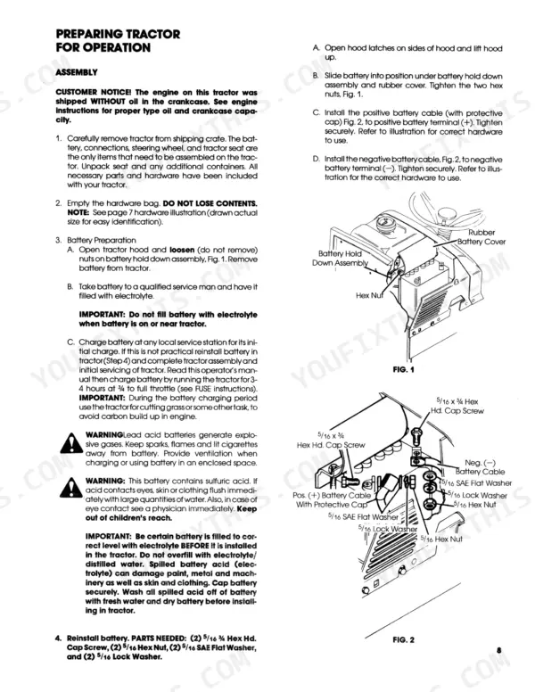 Ford LGT 17H, 09GN2204 tractor assembly procedures, battery preparation, and installation diagrams showing hold down and cable hardware.