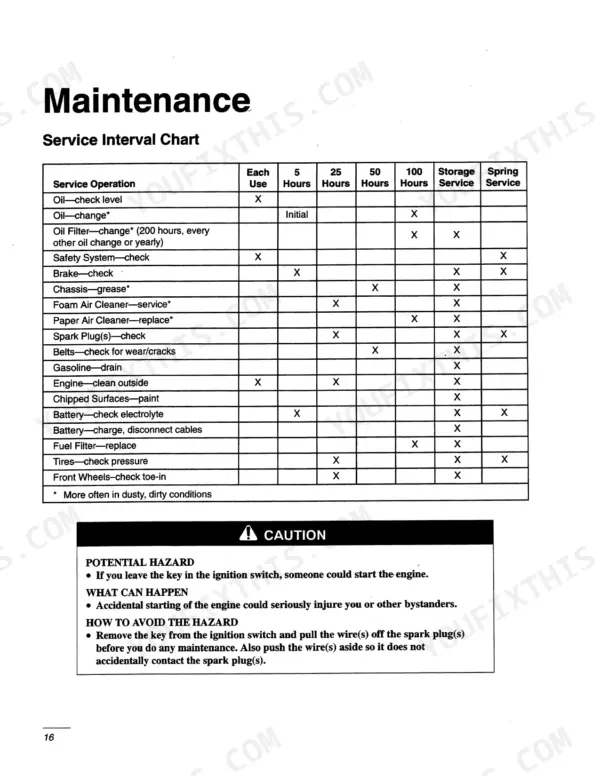 Ford LS45-16G maintenance service interval chart and engine ignition safety caution procedure.