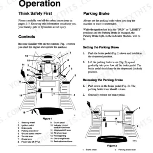 Ford LS45-16G: Operator manual page showing machine controls diagram and parking brake operation procedures.