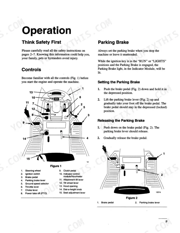 ford-ls45-16g-yard-tractor-operator-manual-42644510-operations-11.webp Ford LS45-16G: Operator manual page showing machine controls diagram and parking brake operation procedures.