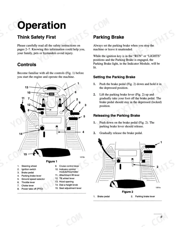 ford-ls45-16h-ls55-18h-yard-tractor-operator-manual-42644520-operations-11.webp Ford LS45-16H, LS55-18H, 9861900, 9861901 operation manual showing controls diagram and parking brake procedures.