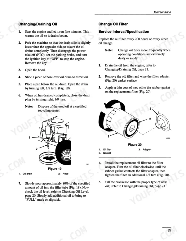 Ford LS45-16H, LS55-18H, 9861900, 9861901: Procedures for draining engine oil and replacing the oil filter with diagrams.