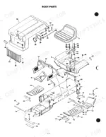 ford-lt-8-lawn-tractor-operator-manual-42000810-chassis-parts-40-1.webp Ford LT 8, 09GN2108 exploded view diagram of body parts including hood, seat, footrests, and frame mounting hardware.