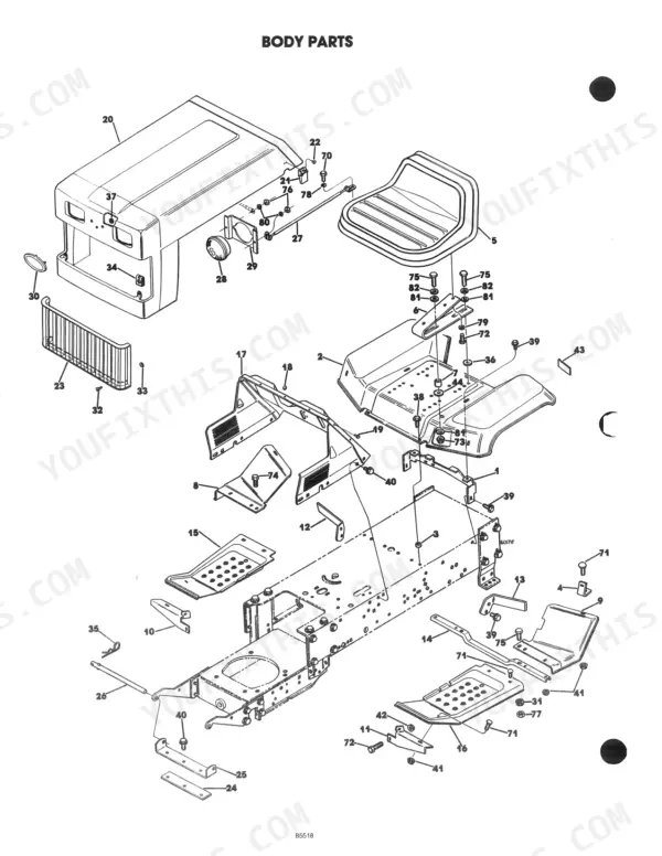Ford LT 8, 09GN2108 exploded view diagram of body parts including hood, seat, footrests, and frame mounting hardware.