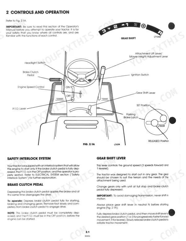 ford-lt-8-lawn-tractor-operator-manual-42000810-operations-8-1.webp Ford LT 8, 09GN2108 operator manual controls and operation diagram showing gear shift, brake clutch, PTO lever, and parking brake.