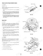 ford-lt-8-lawn-tractor-operator-manual-42000810-procedures-20.webp Ford LT 8, 09GN2108 brake clutch pedal, parking brake, and brake pad adjustment and replacement procedures with component diagrams.