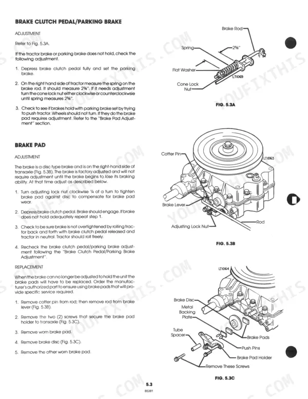 Ford LT 8, 09GN2108 brake clutch pedal, parking brake, and brake pad adjustment and replacement procedures with component diagrams.