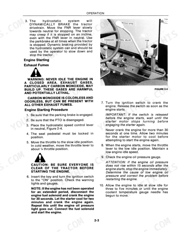 New Holland 276 II engine starting procedure and hydrostatic system operation diagram showing FNR lever and PTO controls.