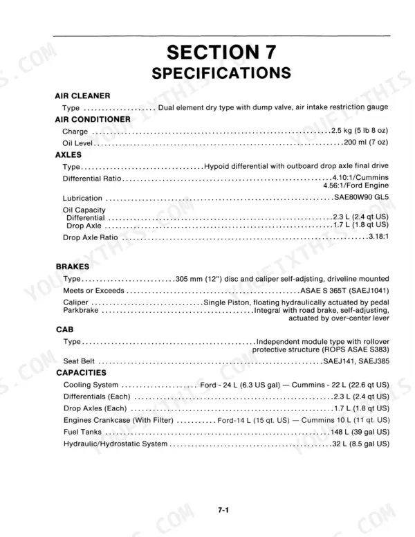 New Holland 276 II specifications table for air cleaner, AC, axles, brakes, cab, and fluid capacities.