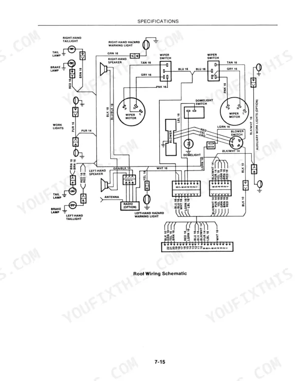 New Holland 276 II roof wiring schematic showing wiper motors, blower, lights, and radio electrical connections.