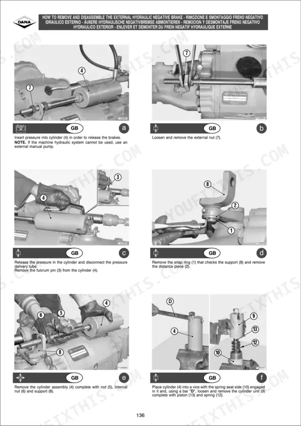 Gehl Dana 212 axle manual: procedure to remove and disassemble hydraulic brake.