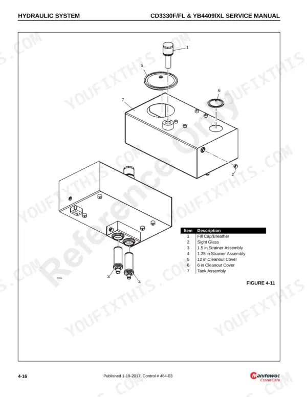 grove-cd3330f-cd3330fl-yb4409-yb4409xl-crane-service-manual-464-03-exploded-view-58.webp Grove CD3330F/FL, YB4409/XL exploded view of hydraulic tank assembly, fill cap, sight glass, and strainers.