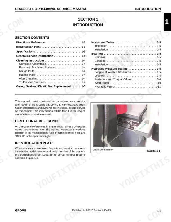 Grove CD3330F/FL, YB4409/XL Section 1 Introduction table of contents and crane serial number plate location.