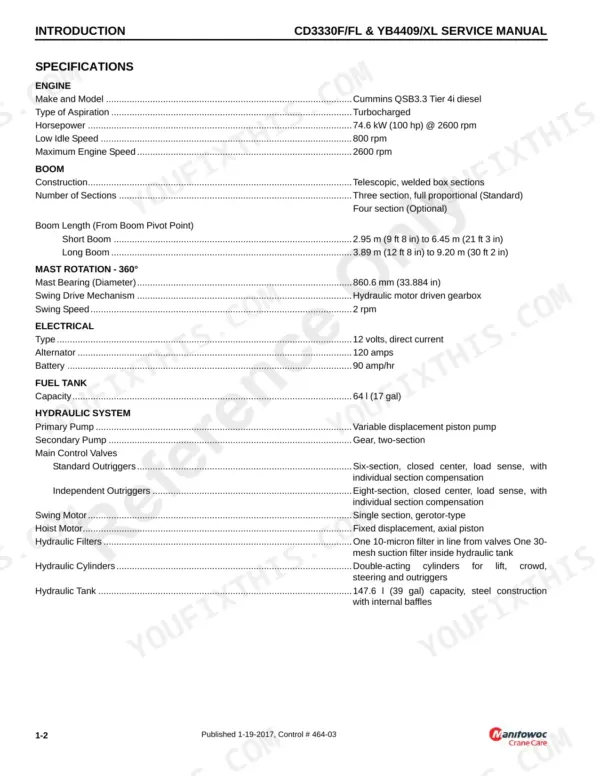 Grove CD3330F/FL, YB4409/XL service manual specifications table for engine, boom, mast, electrical, and hydraulic systems.