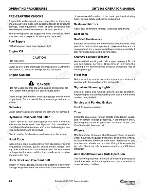 Grove GRT9165 operator manual page detailing pre-starting checks for fuel, engine oil, coolant, batteries, hydraulics, and tires.