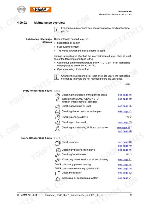 Hamm H 5i, H 7i maintenance overview table for 10 and 250 operating hour service intervals.