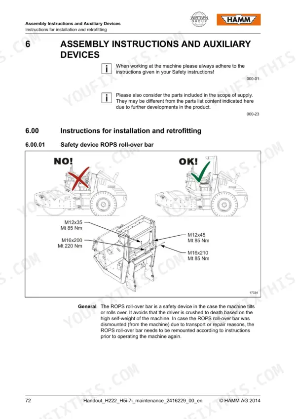 Hamm H 5i, H 7i ROPS roll-over bar installation instructions and torque specifications diagram.