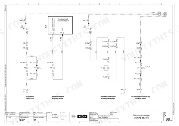 Hamm H 5i, H 7i wiring diagram for signal horn, warning buzzer, rotating-beam light, and back-up alarm.