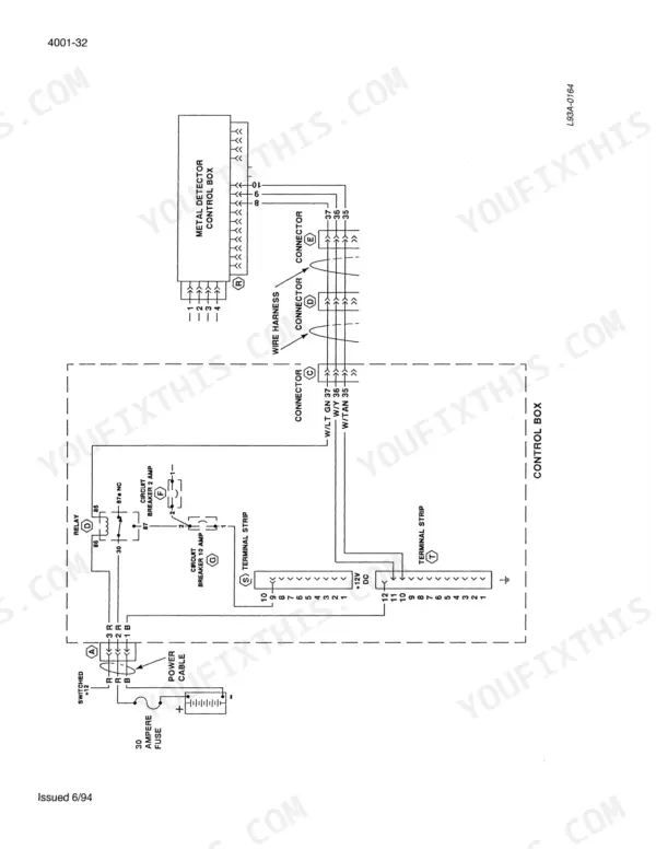Case IH 8750 metal detector control box wiring diagram showing relays, circuit breakers, and wire harness connectors.