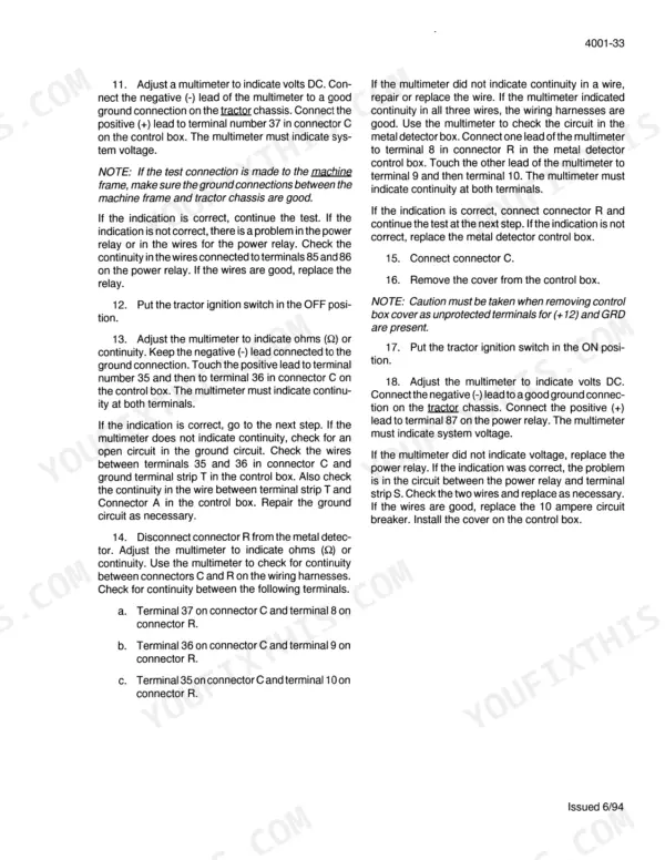 Case IH 8750 electrical troubleshooting procedures for metal detector control box and power relay testing.