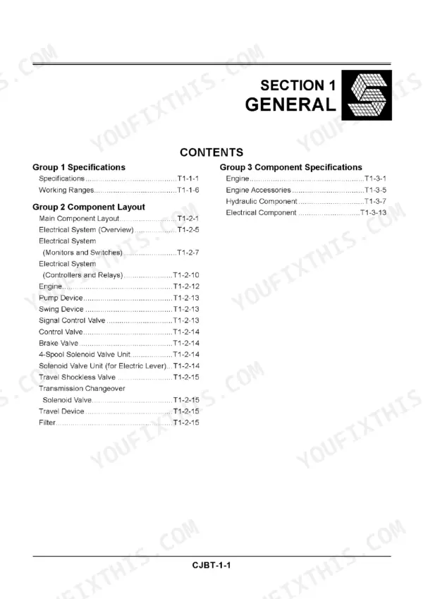 A table of contents for Section 1 General, detailing specifications and component layouts for various parts like engine, hydraulic, and electrical systems.
