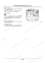 hitachi-zaxis-210w-3-220w-3-repair-manual-excavator-troubleshooting-726.webp A page from a troubleshooting manual section on the monitor unit, detailing auto-idle, overload, auto axle lock, and glow signal displays with an image of the monitor.