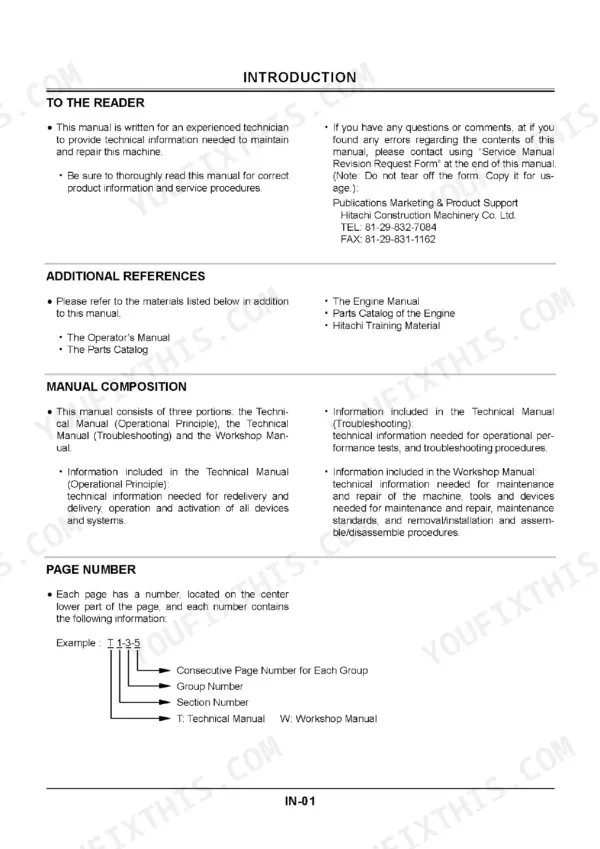 An introduction page from a Hitachi manual, explaining its purpose, related documents, composition, and illustrating the page numbering system with a flowchart.