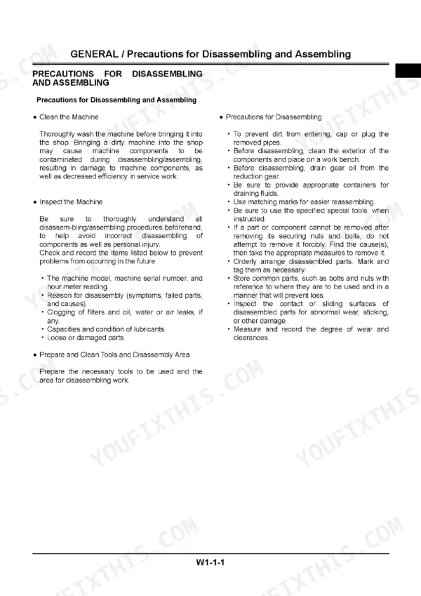 A service manual page titled 'Precautions for Disassembling and Assembling' with bulleted lists detailing steps for cleaning, inspecting, and disassembling the machine.