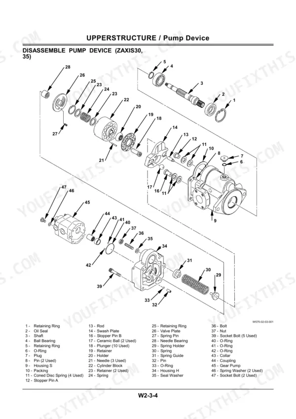 hitachi-zaxis-30-zaxis-35-zaxis-40-zaxis-50-excavator-workshop-manual-km-1lse-exploded-view-65.webp Hitachi Zaxis 30, 35, 40, 50 exploded view diagram of the hydraulic pump device and component parts list.