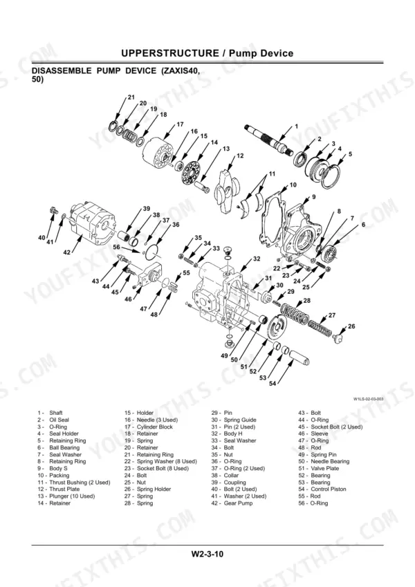 Hitachi Zaxis 30, 35, 40, 50 exploded view diagram of the upperstructure pump device disassembly.